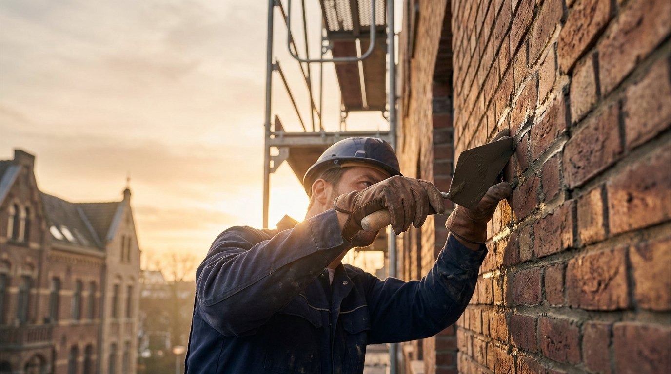 Handwerker der Yildirim Fugensanierung verfugt eine Klinkerfassade